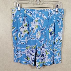 02132 Talbots blue with green & navy floral crinkle shorts M NEW